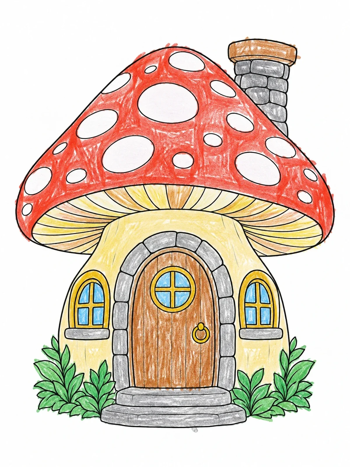 Colored example of the Cozy Mushroom Cottage coloring page
