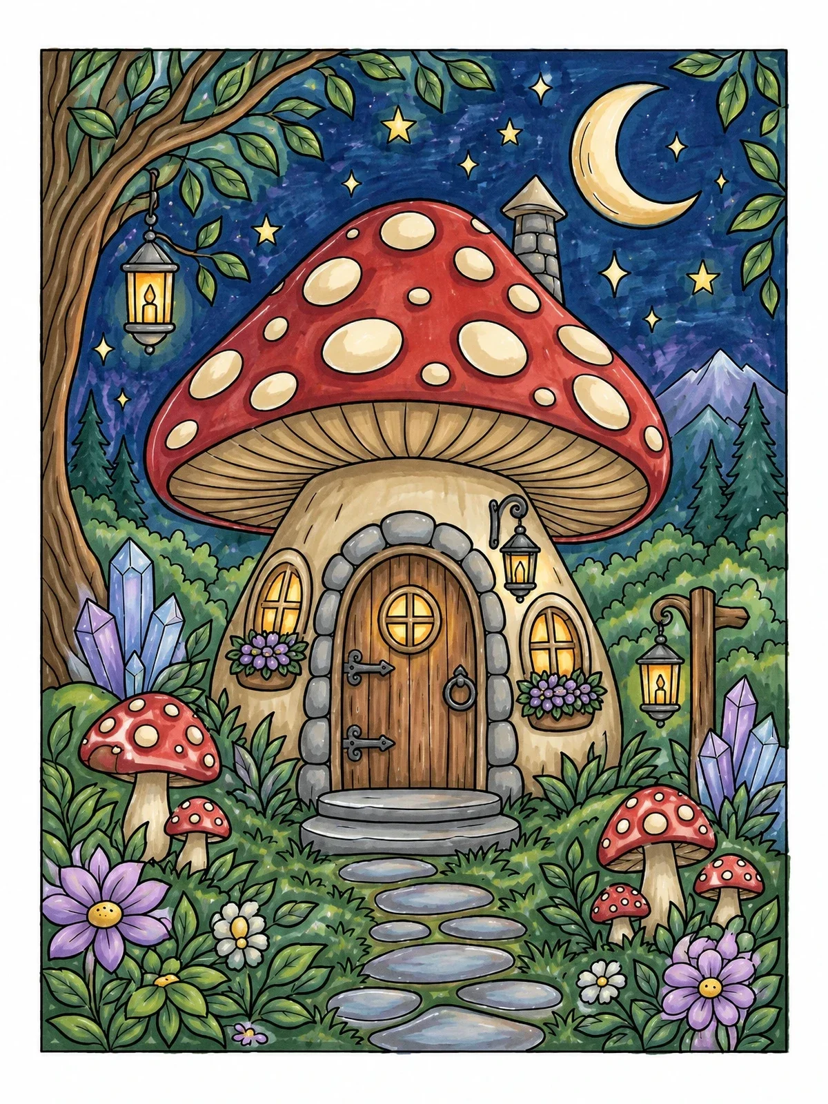 Colored example of the Cozy Mushroom Cottage At Night coloring page