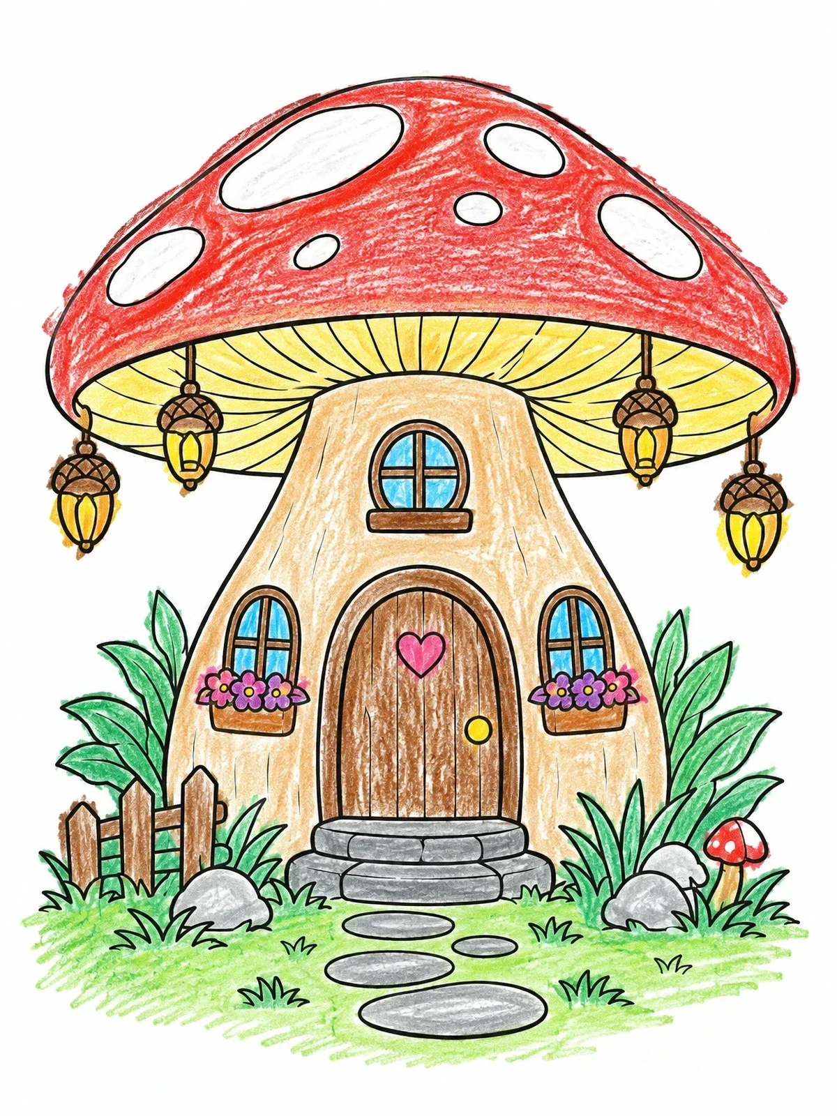 Colored example of the Cozy Mushroom Fairy House coloring page