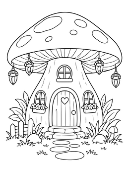 An enchanted forest fairy house coloring page with acorn lanterns hanging from a spotted mushroom cap.