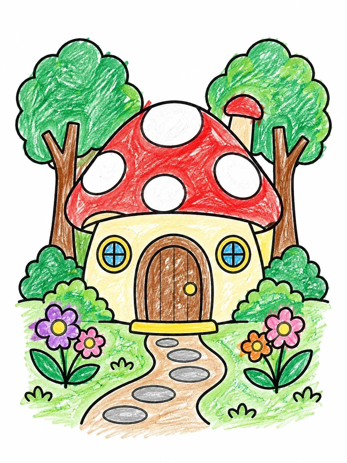 Colored example of the Cozy Mushroom Fairy House coloring page