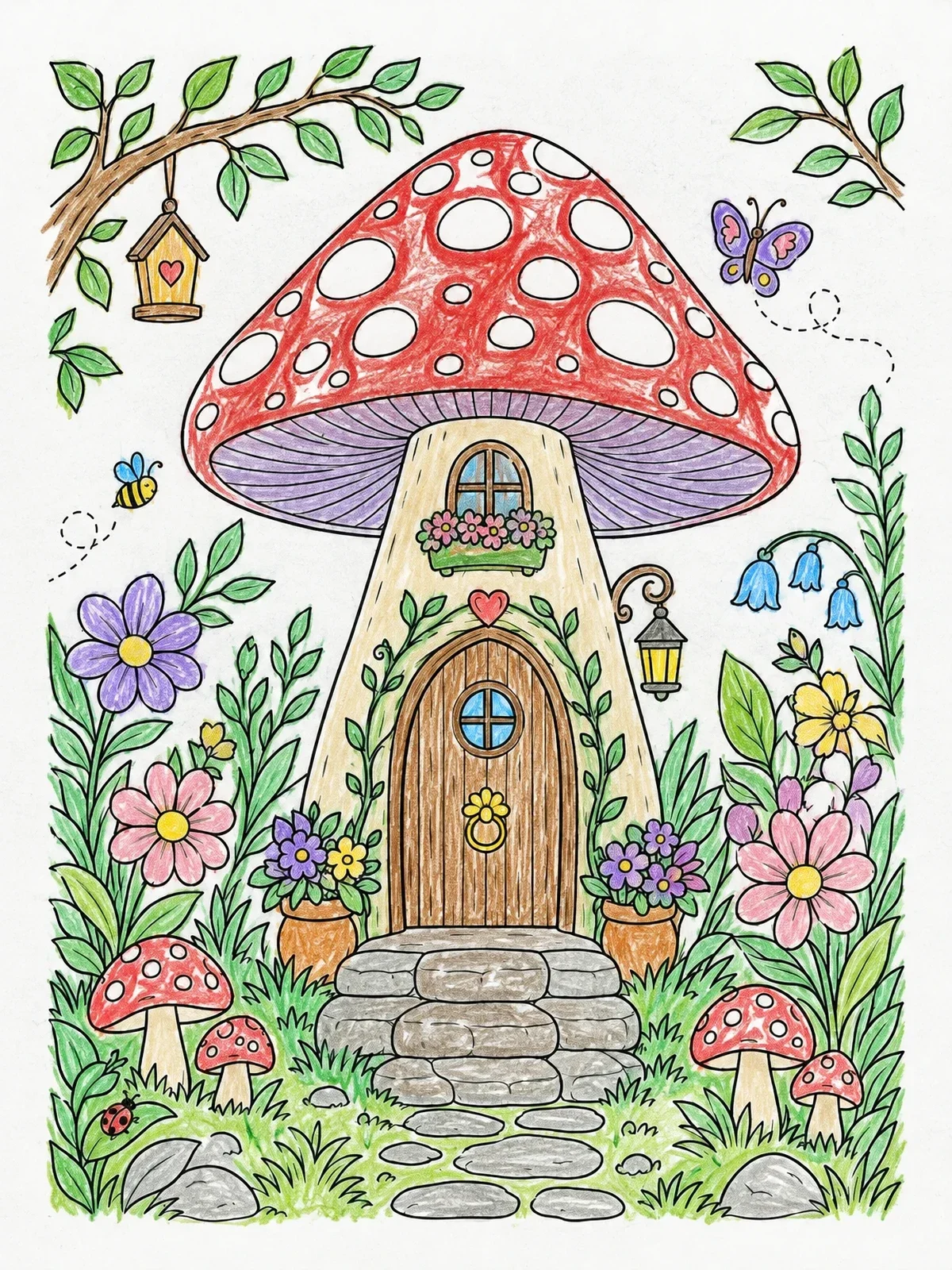 Colored example of the Cozy Mushroom Fairy House In The Garden coloring page