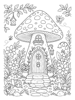 Free printable Cozy Mushroom Fairy House In The Garden coloring page