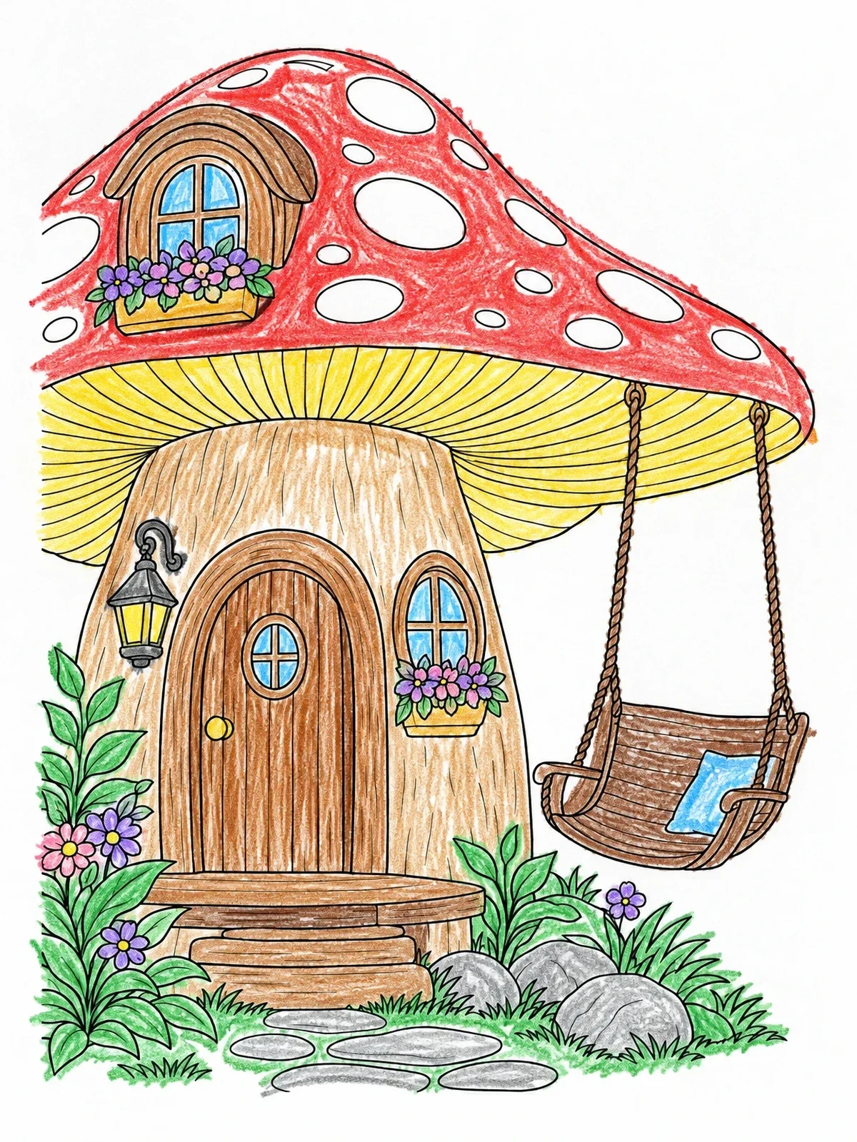 Colored example of the Cozy Mushroom House With Porch Swing coloring page
