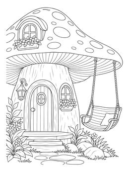 Free printable Cozy Mushroom House With Porch Swing coloring page