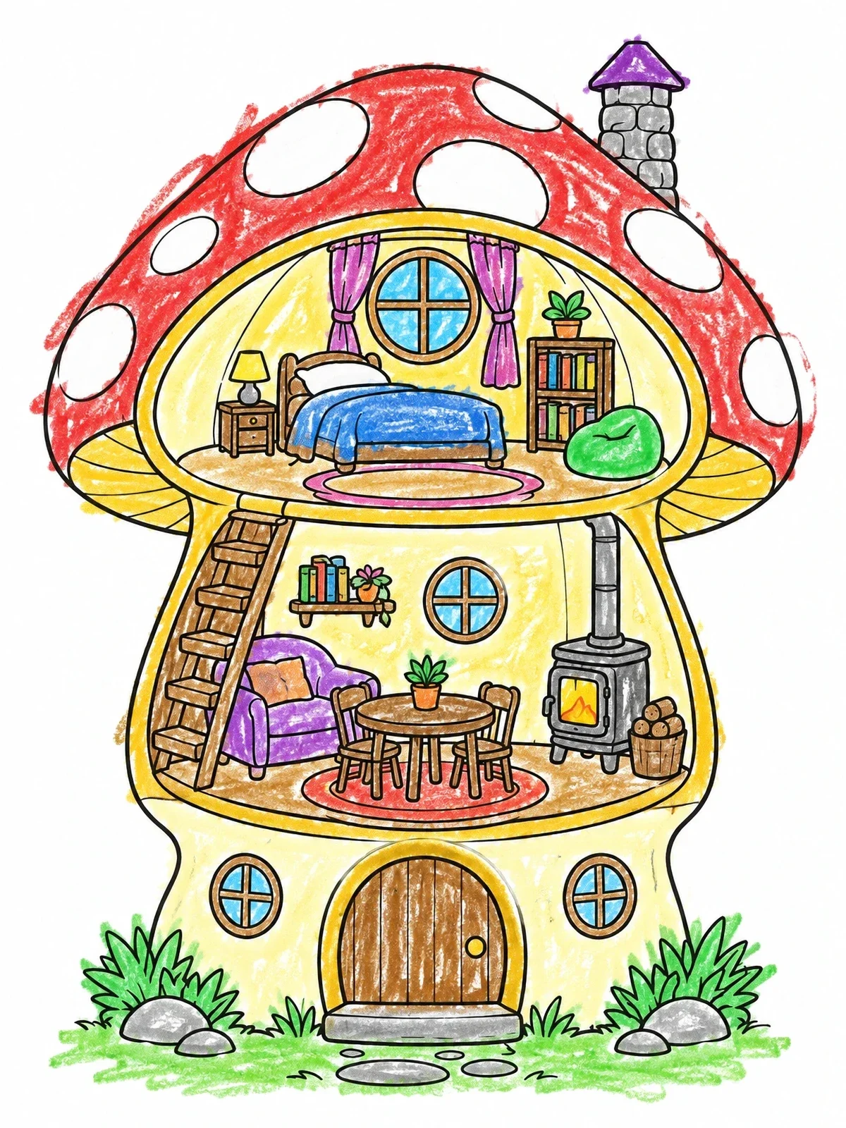 Colored example of the Cozy Mushroom House Cutaway Interior coloring page