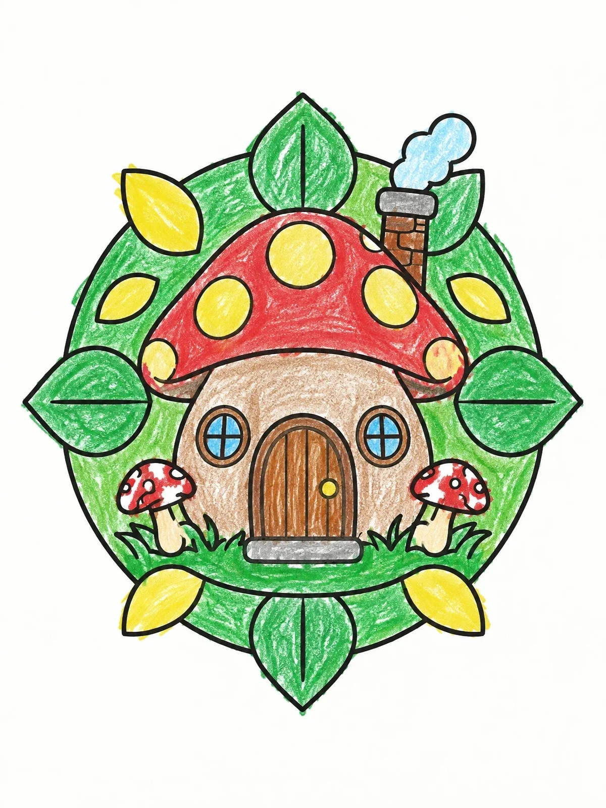 Colored example of the Cozy Mushroom House In Leaf Frame coloring page