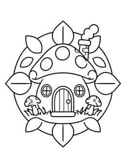 Free printable Cozy Mushroom House In Leaf Frame coloring page