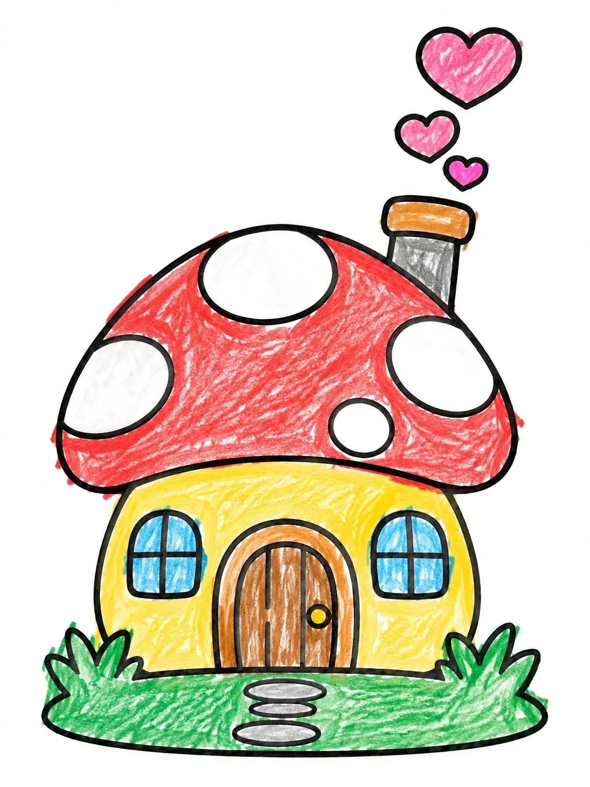 Colored example of the Cozy Mushroom House With Hearts coloring page