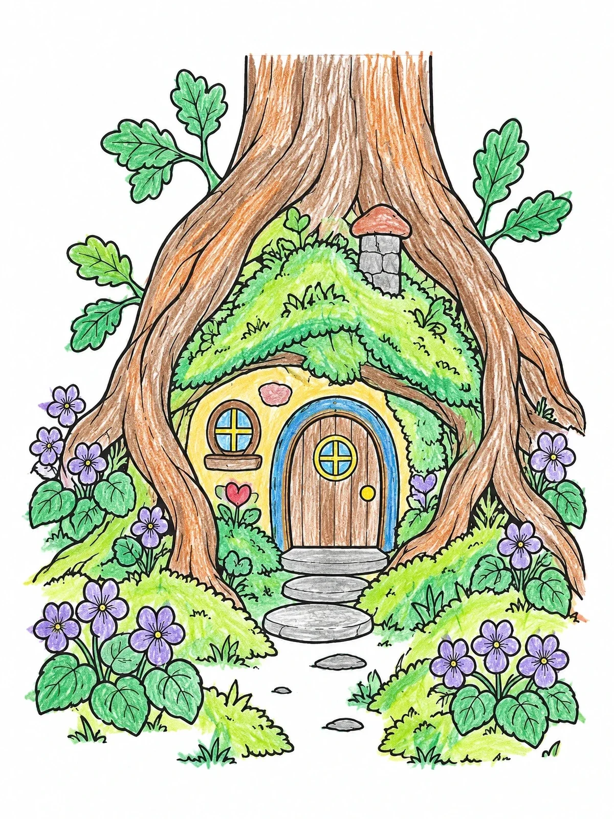 Colored example of the Cozy Oak Tree Fairy House coloring page
