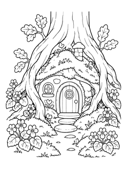 Free printable Cozy Oak Tree Fairy House coloring page