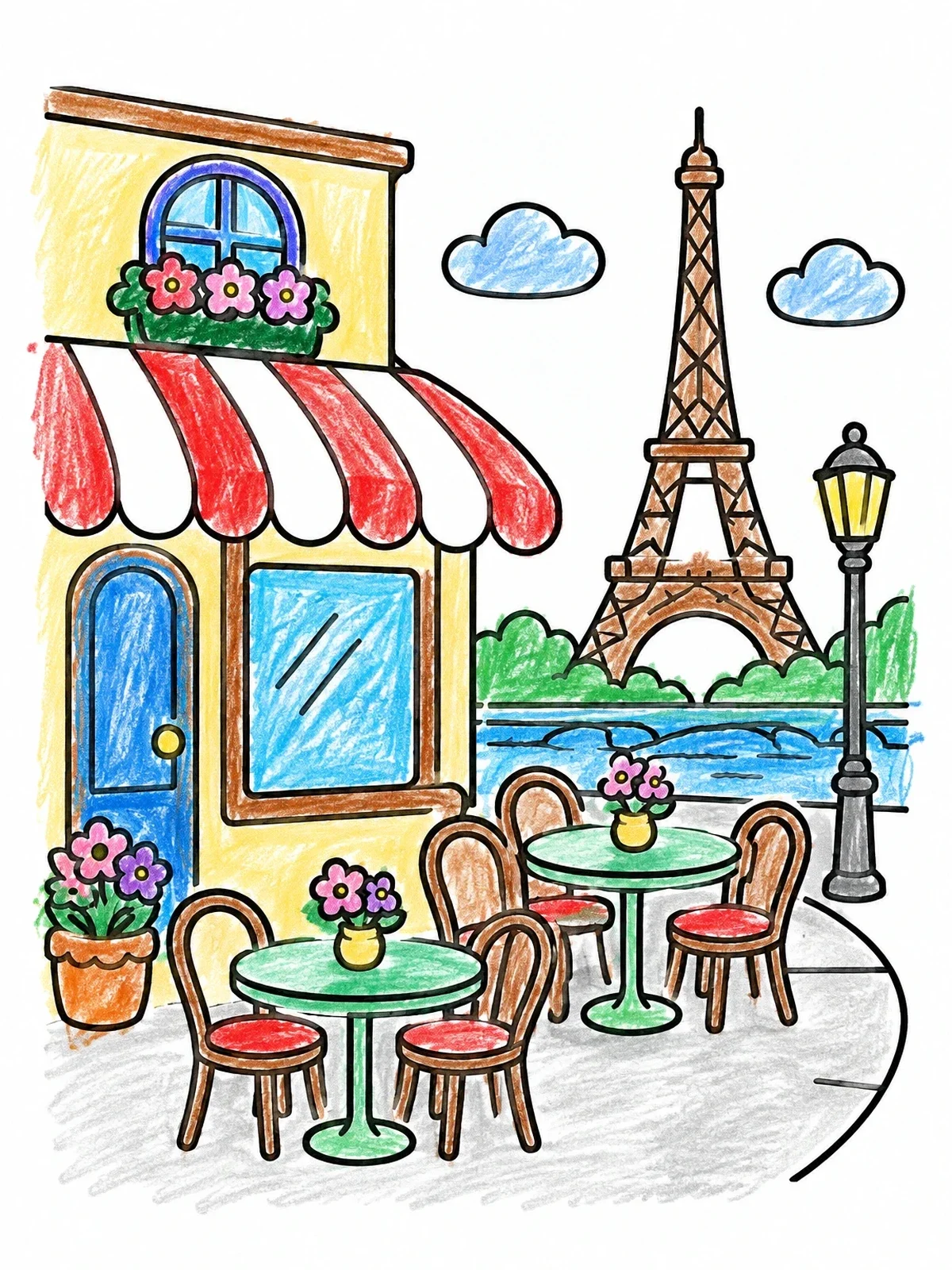 Colored example of the Cozy Parisian Sidewalk Cafe coloring page