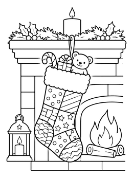 Free printable Cozy Patterned Christmas Stocking Fireplace coloring page