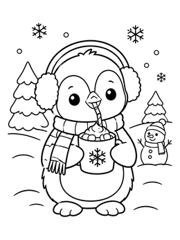 A cute hot cocoa coloring page featuring a penguin with earmuffs sipping from a mug.