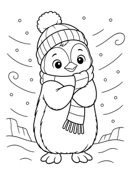 A cute penguin coloring page featuring a small penguin in a beanie and scarf.