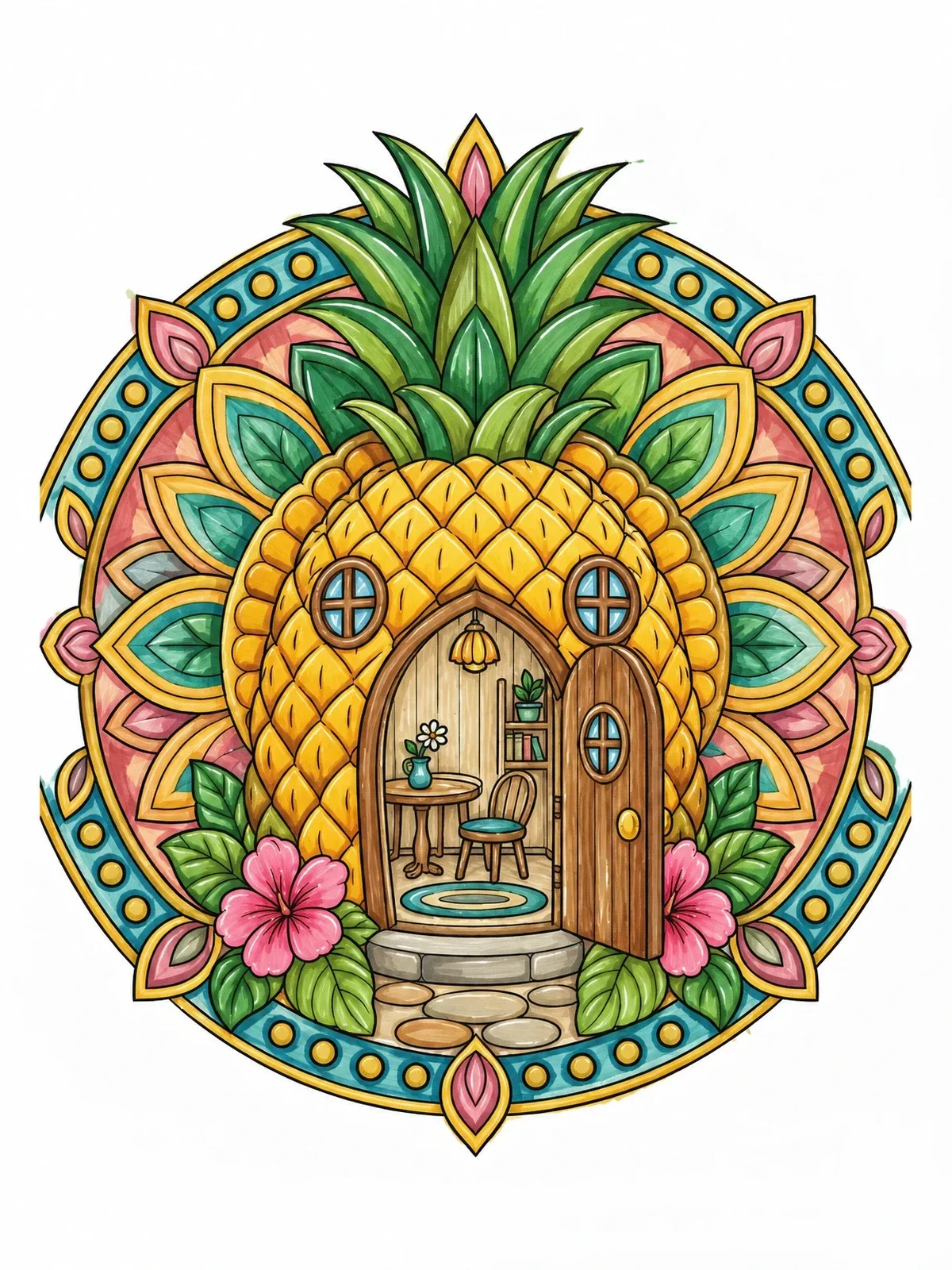 Colored example of the Cozy Pineapple House Mandala coloring page