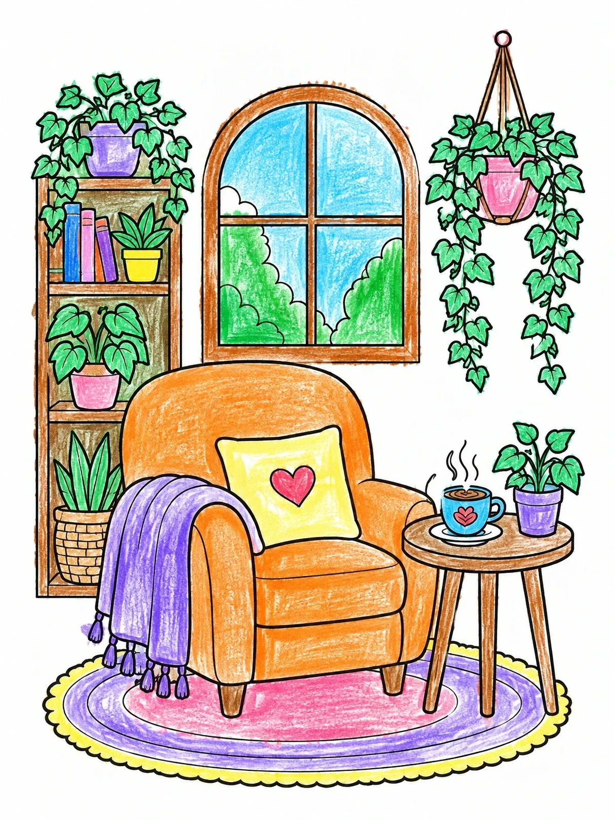 Colored example of the Cozy Armchair In A Plant Filled Cafe Nook coloring page