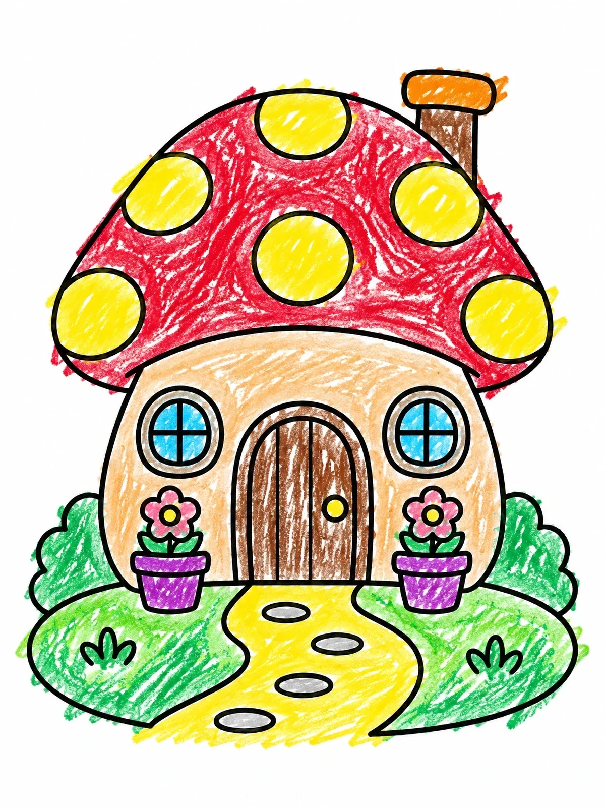 Colored example of the Cozy Polka Dot Mushroom Cottage coloring page