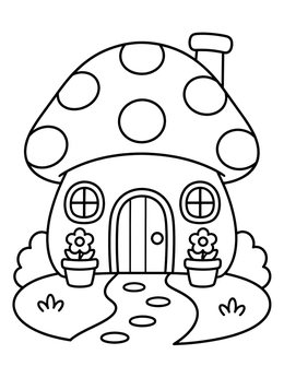 Free printable Cozy Polka Dot Mushroom Cottage coloring page
