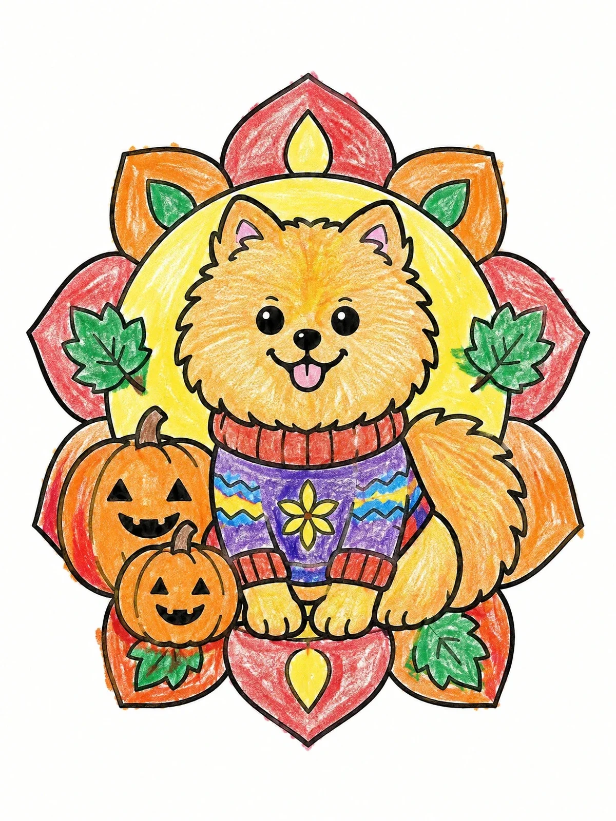 Colored example of the Cozy Pomeranian With Autumn Pumpkins coloring page
