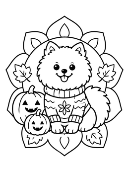 Free printable Cozy Pomeranian With Autumn Pumpkins coloring page