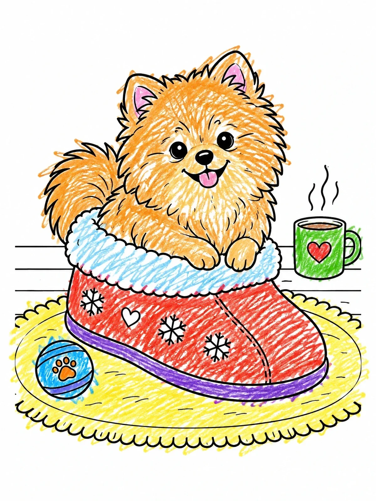 Colored example of the Cozy Pomeranian Pup In A Slipper coloring page