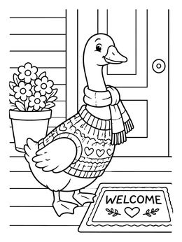 A cute porch goose coloring page showing a goose in a sweater by a welcome mat.