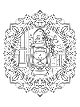 A glowing lantern decorated with a bow and mistletoe coloring page framed inside an ornate mandala.