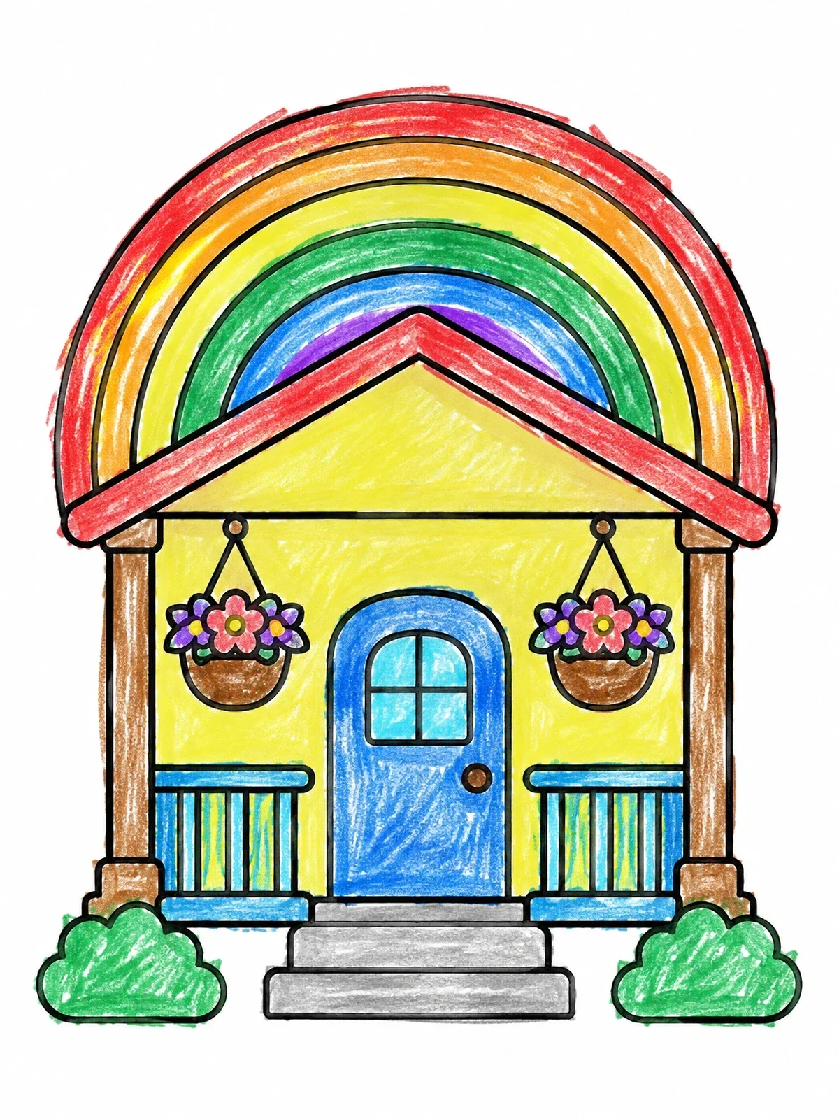 Colored example of the Cozy Porch With Big Rainbow coloring page