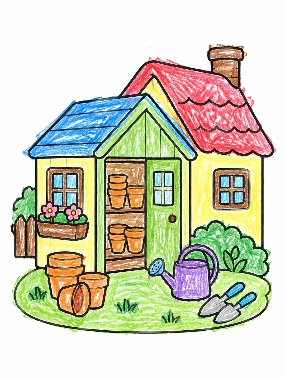 Colored example of the Cozy Potting Shed Cottage Garden coloring page