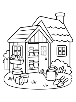 Free printable Cozy Potting Shed Cottage Garden coloring page