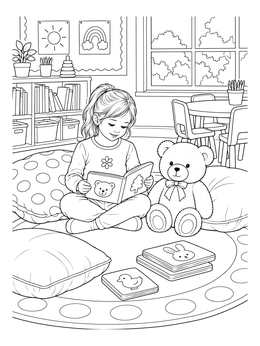 A young girl reads a book next to a teddy bear on this preschool coloring page.