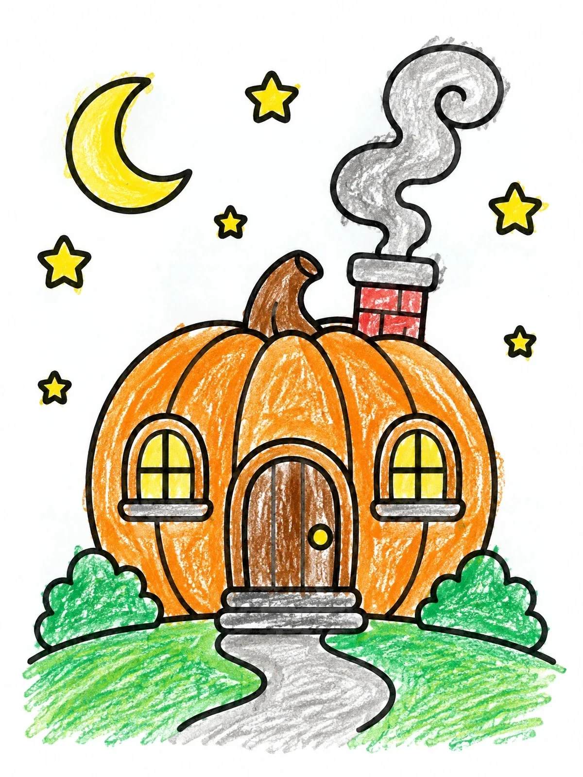 Colored example of the Cozy Pumpkin Cottage Under The Moon coloring page