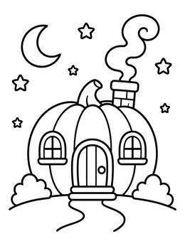 Free printable Cozy Pumpkin Cottage Under The Moon coloring page