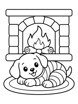 Free printable Cozy Puppy By The Fireplace coloring page