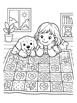 Free printable Cozy Quilt With Girl And Puppy coloring page