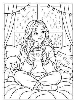 A girl drinking cocoa by a rainy window in this cozy coloring page.