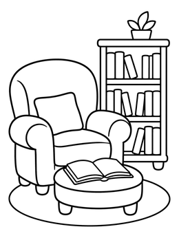 Free printable Cozy Reading Armchair And Bookshelf coloring page