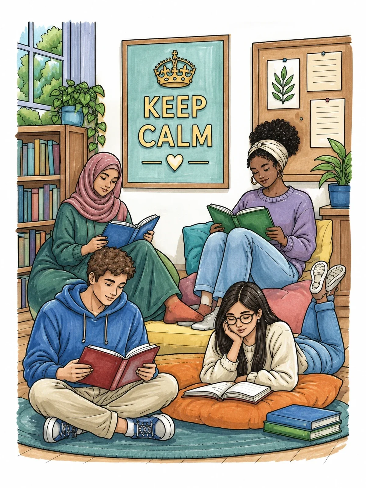 Colored example of the Cozy Reading Corner With Keep Calm Poster coloring page