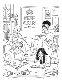 Students relaxing and reading together in this keep calm coloring page.