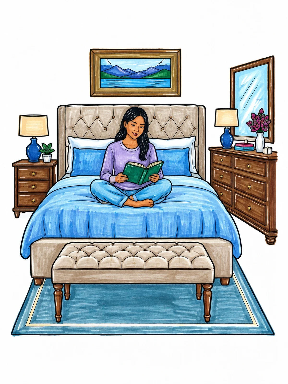 Colored example of the Cozy Reading In The Master Bedroom coloring page