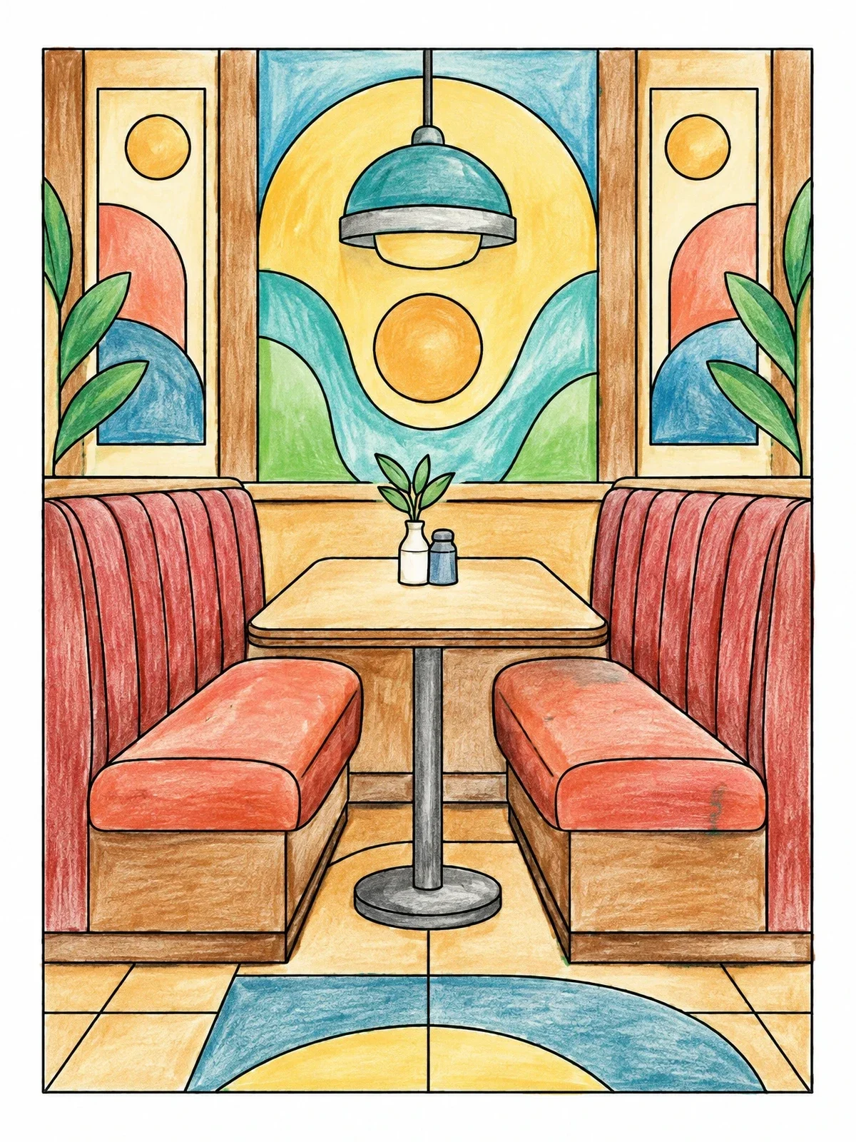 Colored example of the Cozy Restaurant Booth Setting coloring page