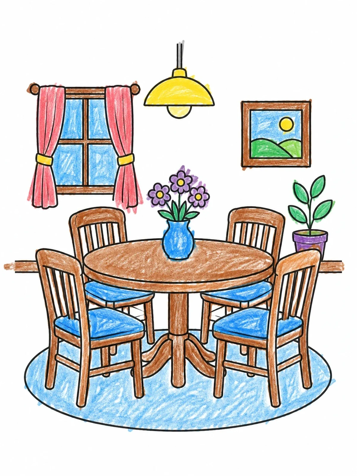 Colored example of the Cozy Round Dining Table Set coloring page
