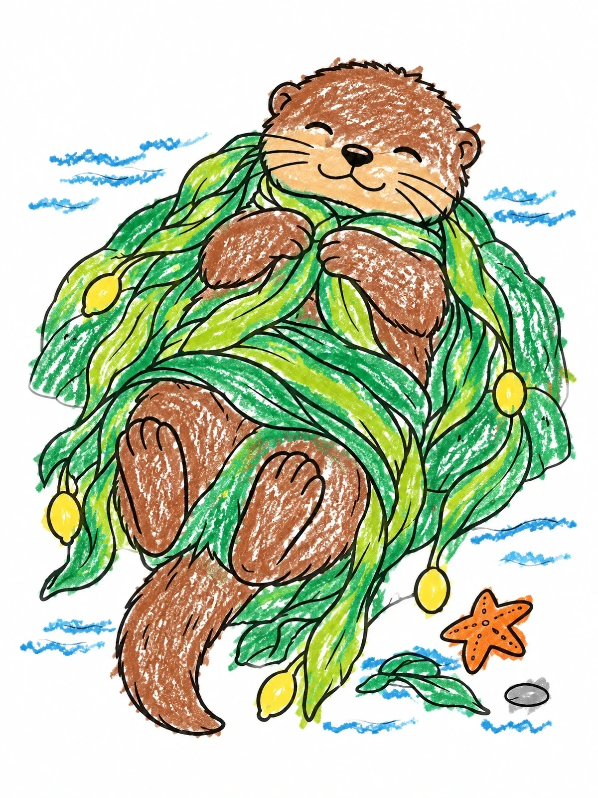 Colored example of the Cozy Sea Otter Wrapped In Kelp coloring page