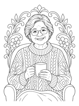 A smiling grandmother relaxing in an armchair on this senior coloring page.