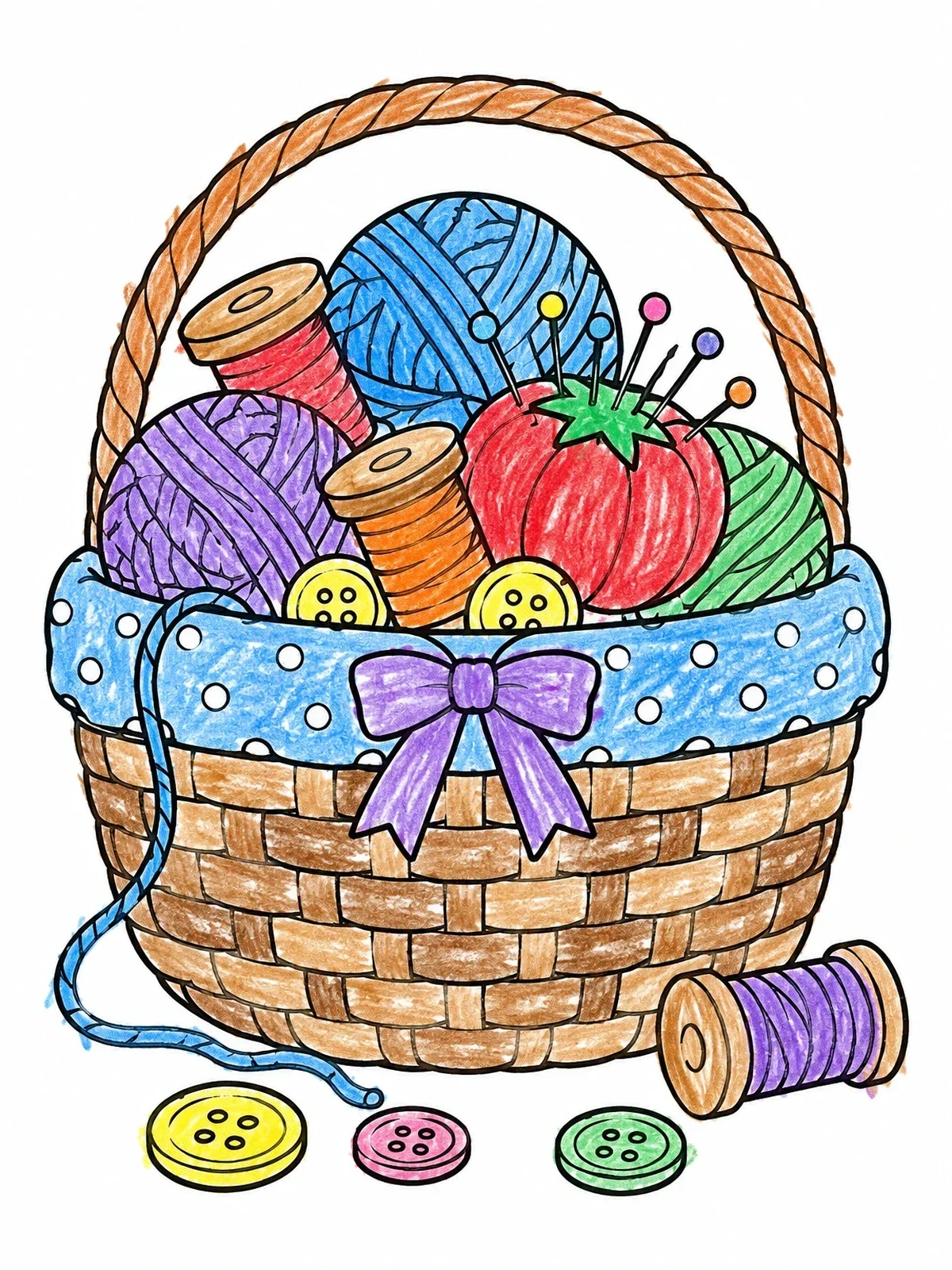 Colored example of the Cozy Sewing Basket With Yarn coloring page