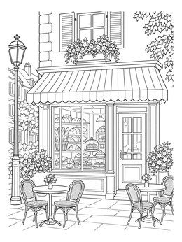 A detailed bakery coloring page showing outdoor cafe tables and pastries in the window.
