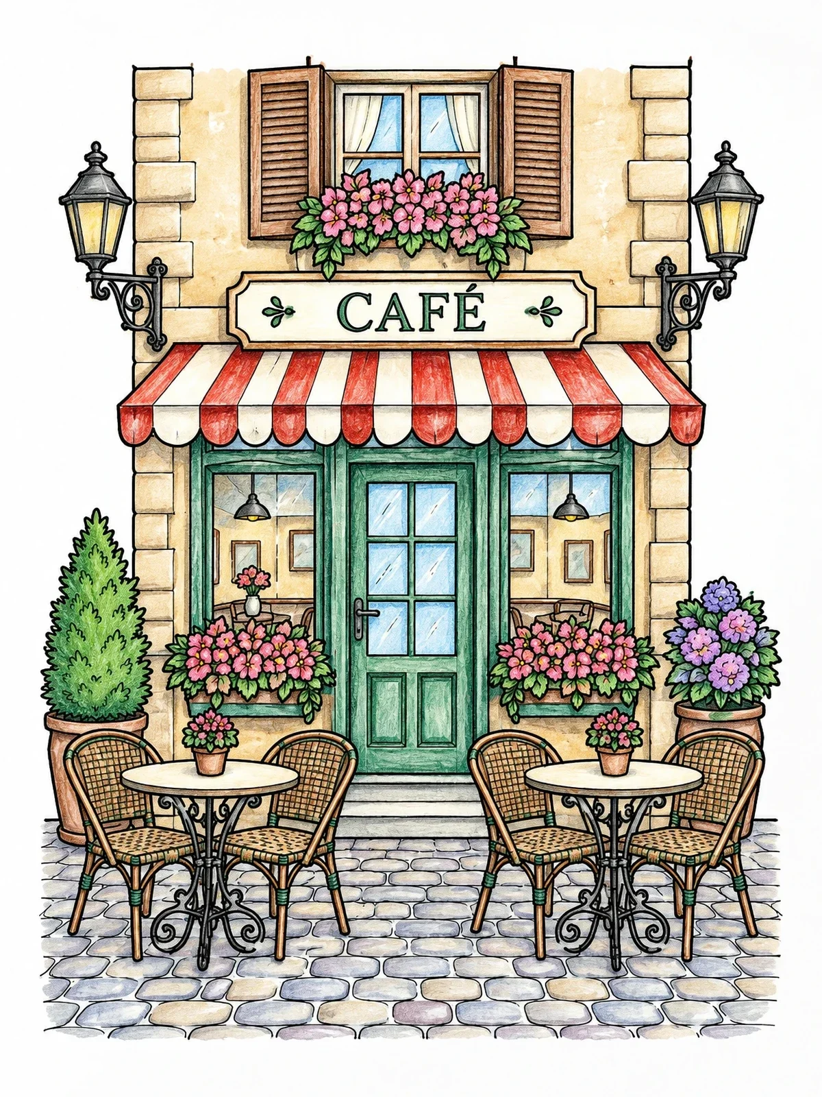 Colored example of the Cozy Sidewalk Cafe Facade coloring page