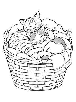 Two sleeping cats curled up together in a cozy coloring page basket.