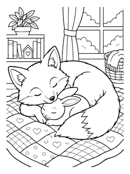 Free printable Fox And Bunny Sleeping On Quilt coloring page